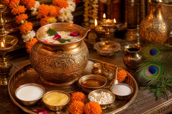 Bronze Kalash Abhishek — bronze kalash with panchamrit bowls, rose petals and diyas on a puja thali