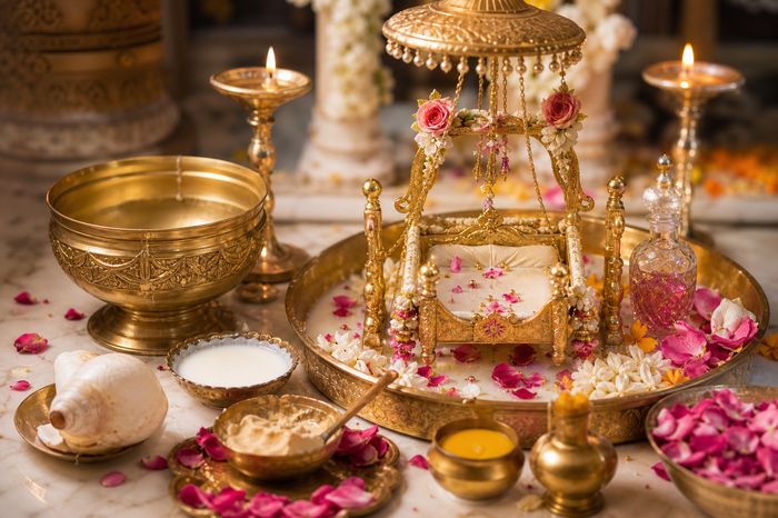 Divya Snan — ornate golden jhula seva with rose petals, sandalwood paste and holy items