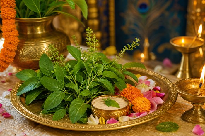 Tulsi Arpan — fresh tulsi leaves and manjari on a golden thali with sandalwood paste and flowers